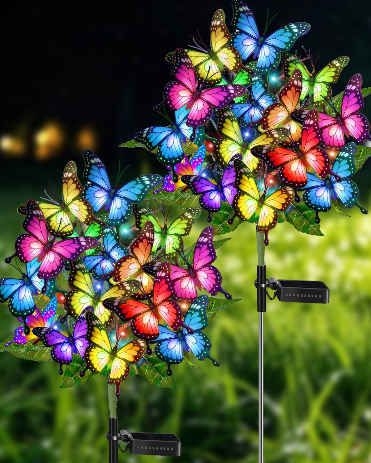 ZPQBEYE butterfly solar garden lights illuminate the yard with colorful butterfly decor.