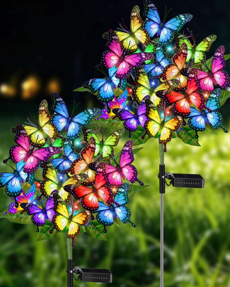 ZPQBEYE butterfly solar garden lights illuminate the yard with colorful butterfly decor.