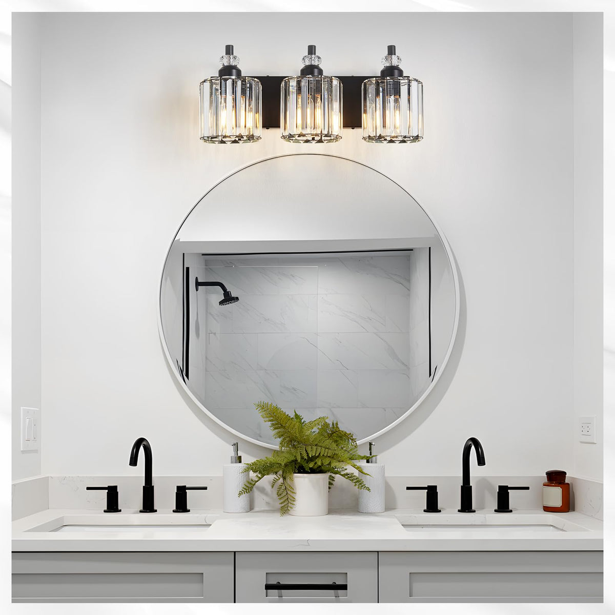 Zqoyn black crystal vanity light closeup shows faceted shades.