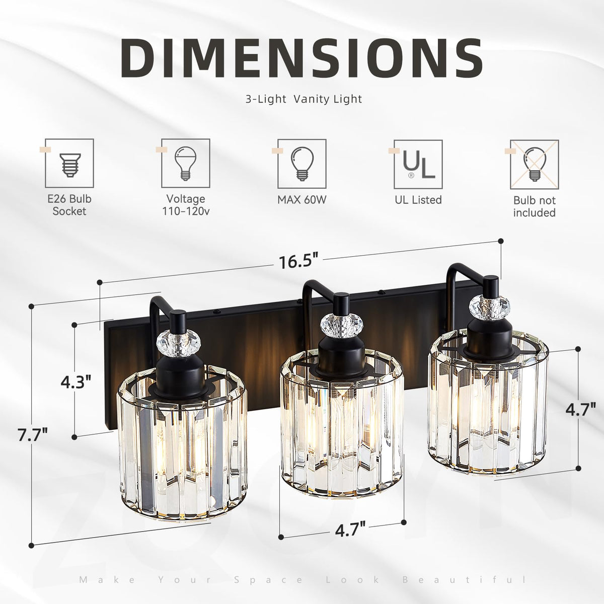 Zqoyn dimmable bathroom light with crystal shades for ambience.