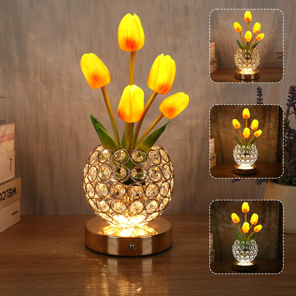 ZQPBLED pink tulip crystal table lamp with warm glow, perfect gift idea.