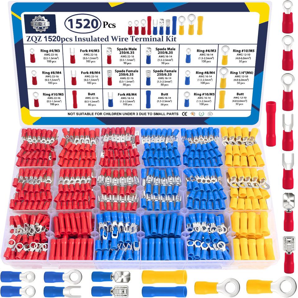 ZQZ 1520Pcs connector kit rings and butt terminals for versatile wiring projects