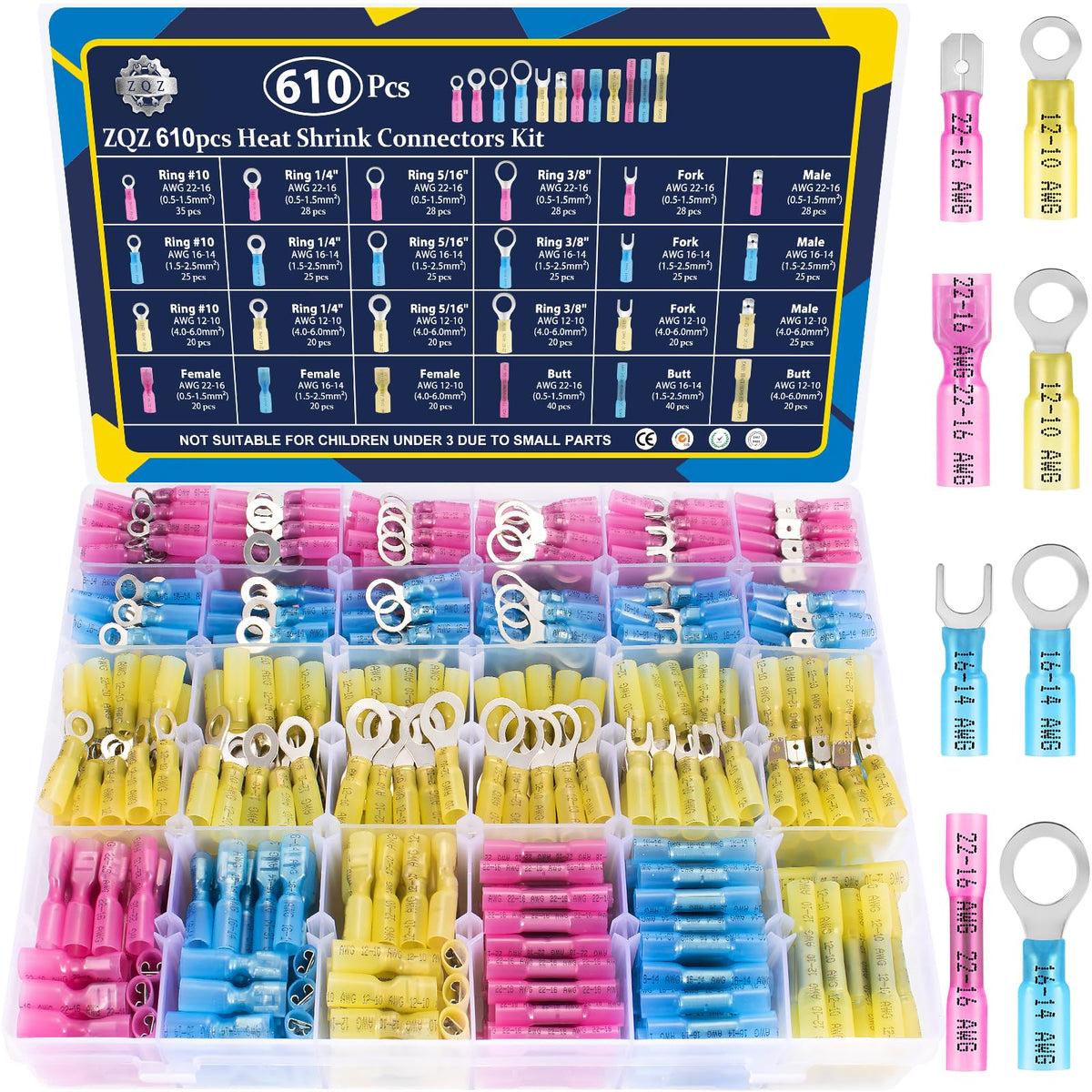 ZQZ 610PCS heat shrink kit main view showing comprehensive marine-grade connectors for versatile wiring.