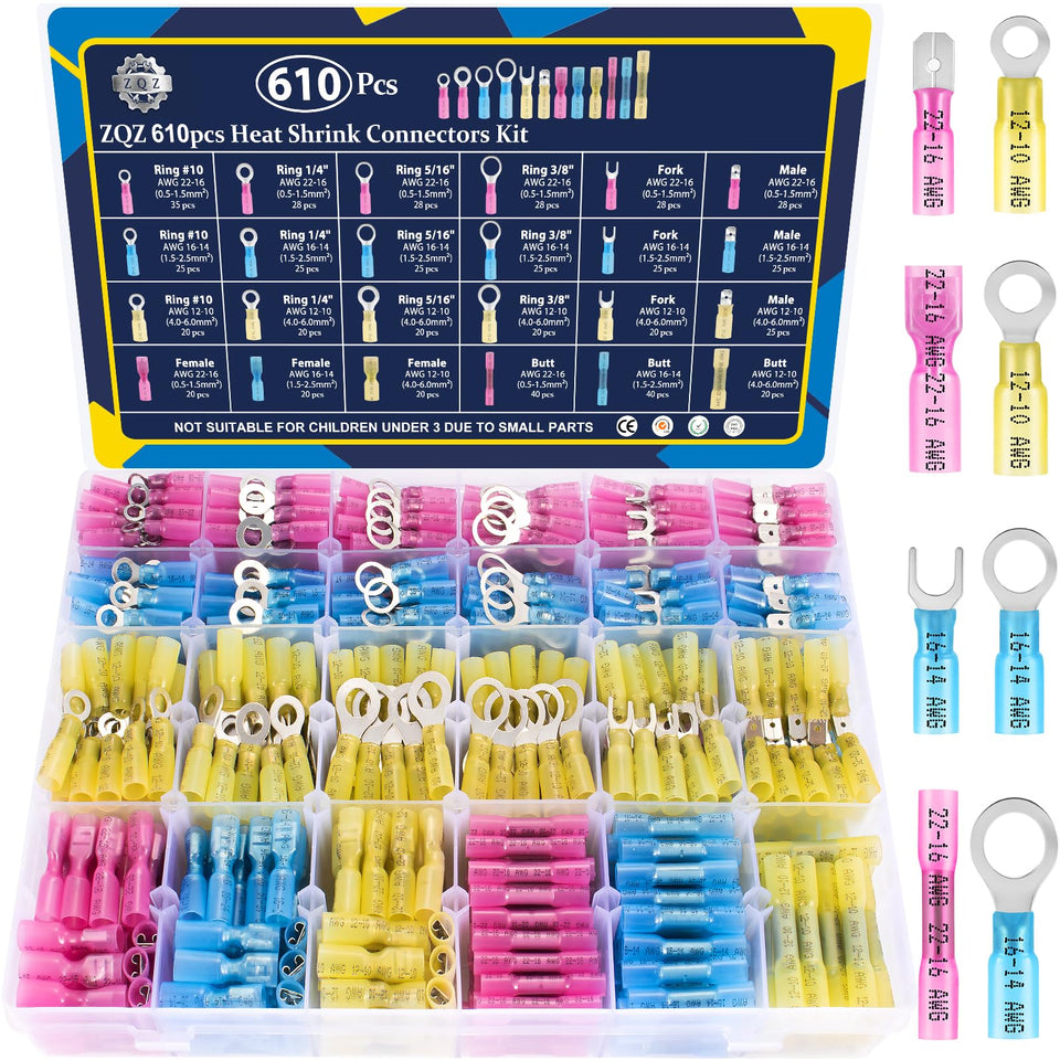 ZQZ 610PCS heat shrink kit main view showing comprehensive marine-grade connectors for versatile wiring.