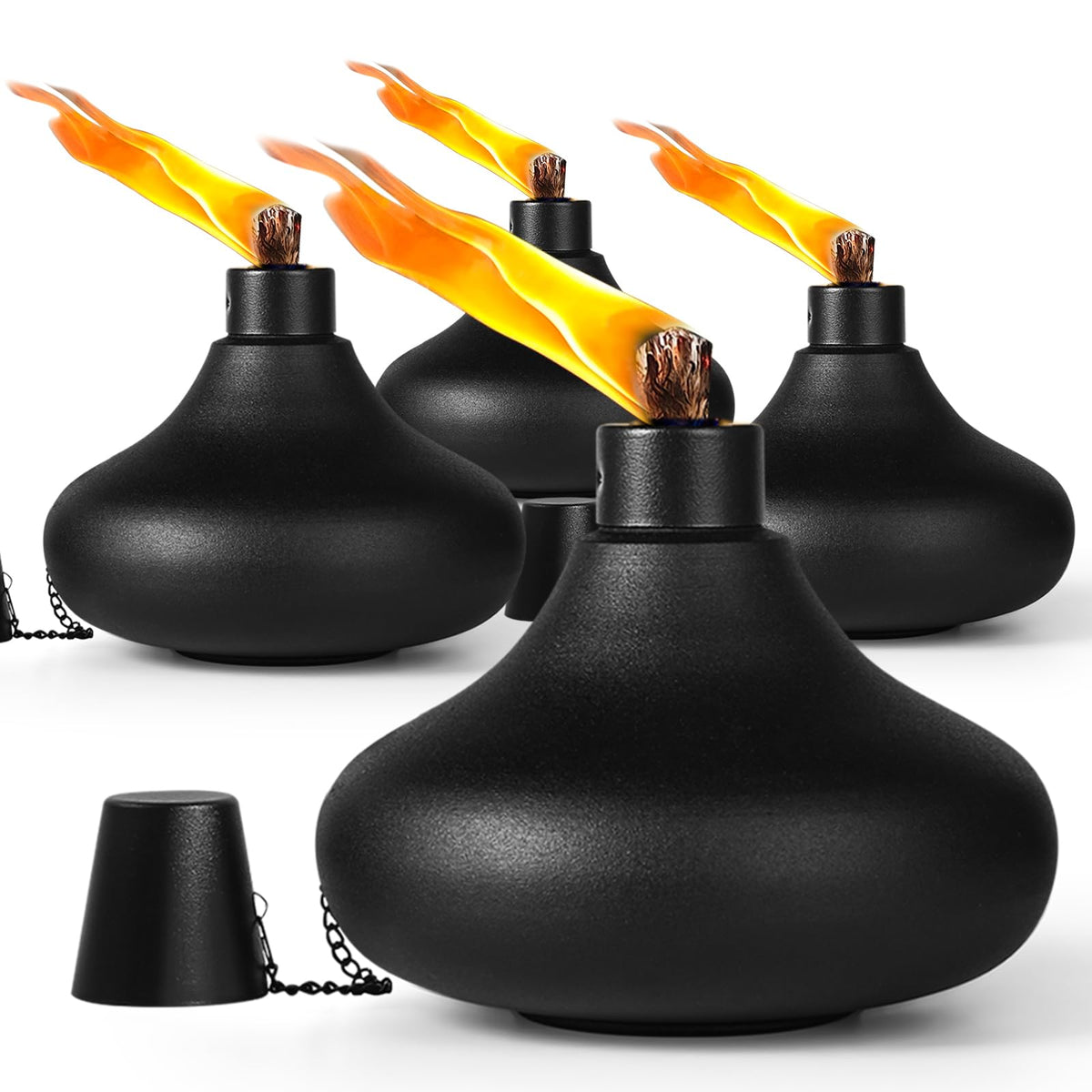ZSPENG 4-pack metal table top torches on patio table for ambient lighting.