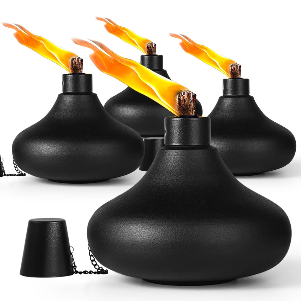 ZSPENG 4-pack metal table top torches on patio table for ambient lighting.