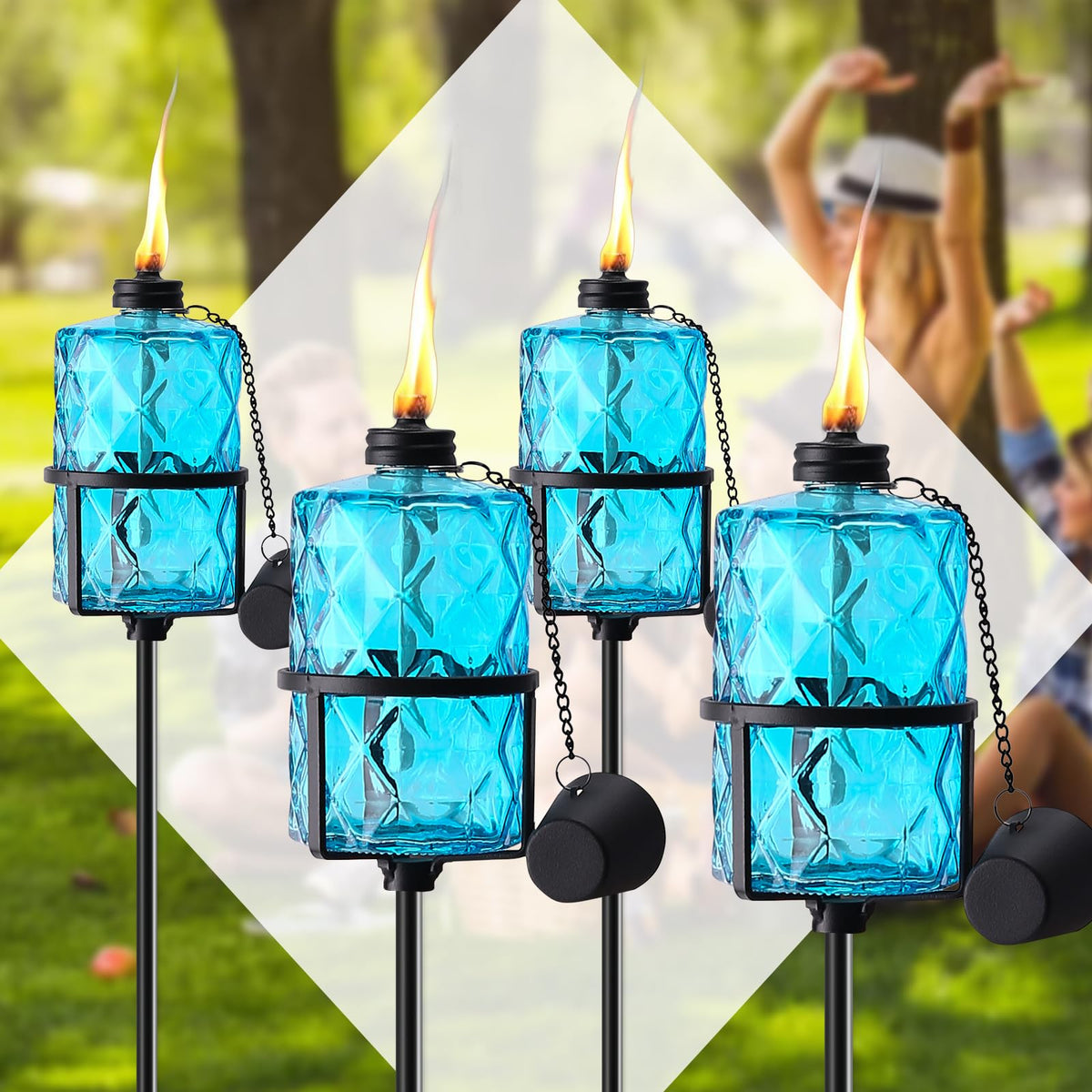 ZSPENG blue glass garden torch 12oz glows softly to create inviting outdoor ambiance.