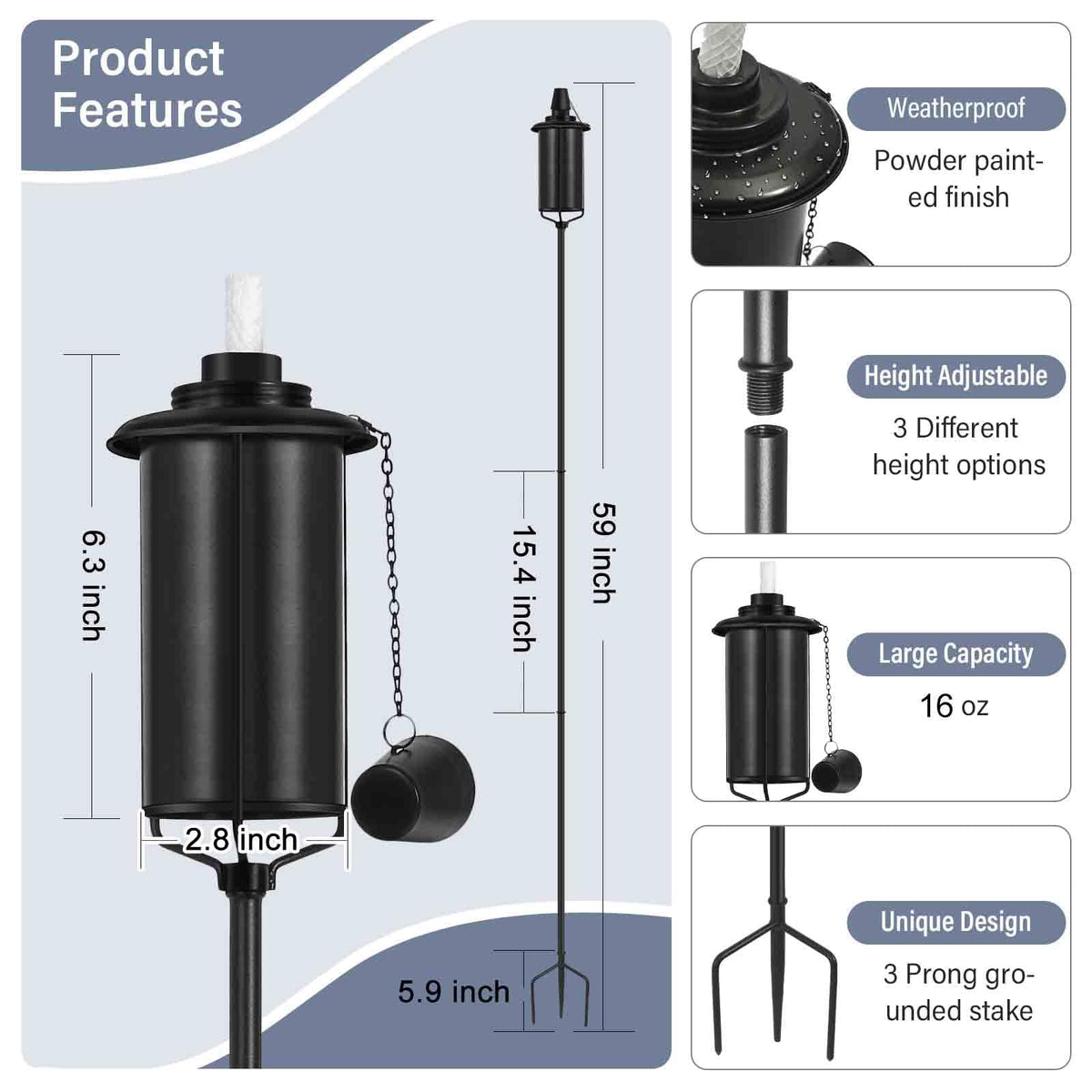 ZSZMFH citronella torch with 3-prong stake adds stability in gardens.