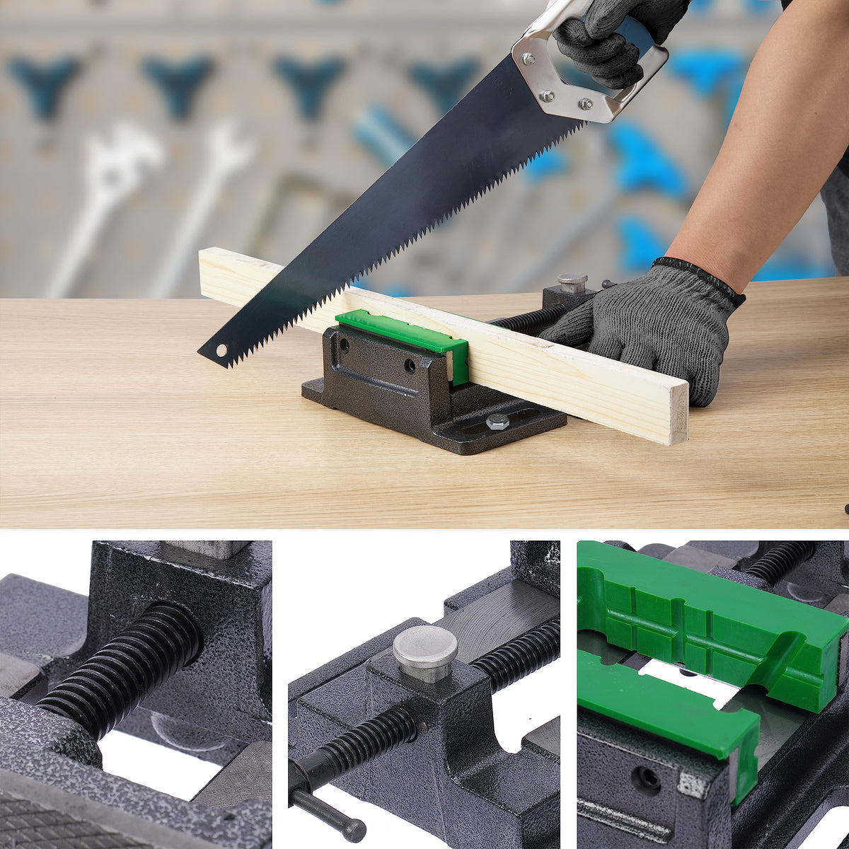 ZTUKOMN Drill Press Vise mounted on bench with included screws for stability.