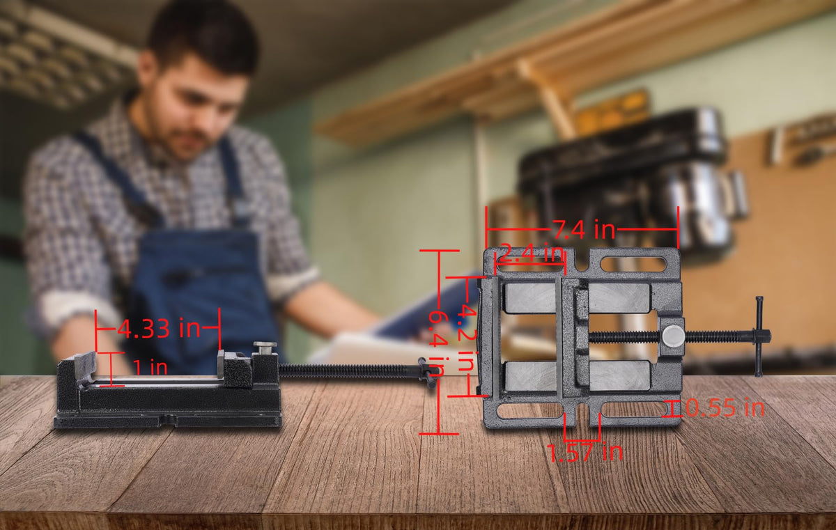 ZTUKOMN Drill Press Vise side view highlighting compact bench design for small workshops.