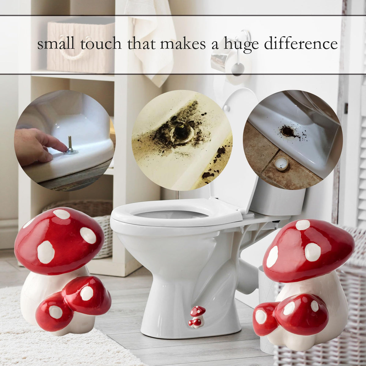 ZUNON Bolt caps on a bright red mushroom closeup in bathroom