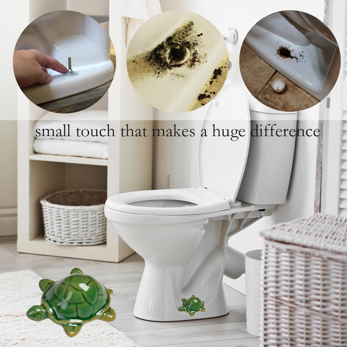 Two green frog toilet bolt caps installed over standard bolts