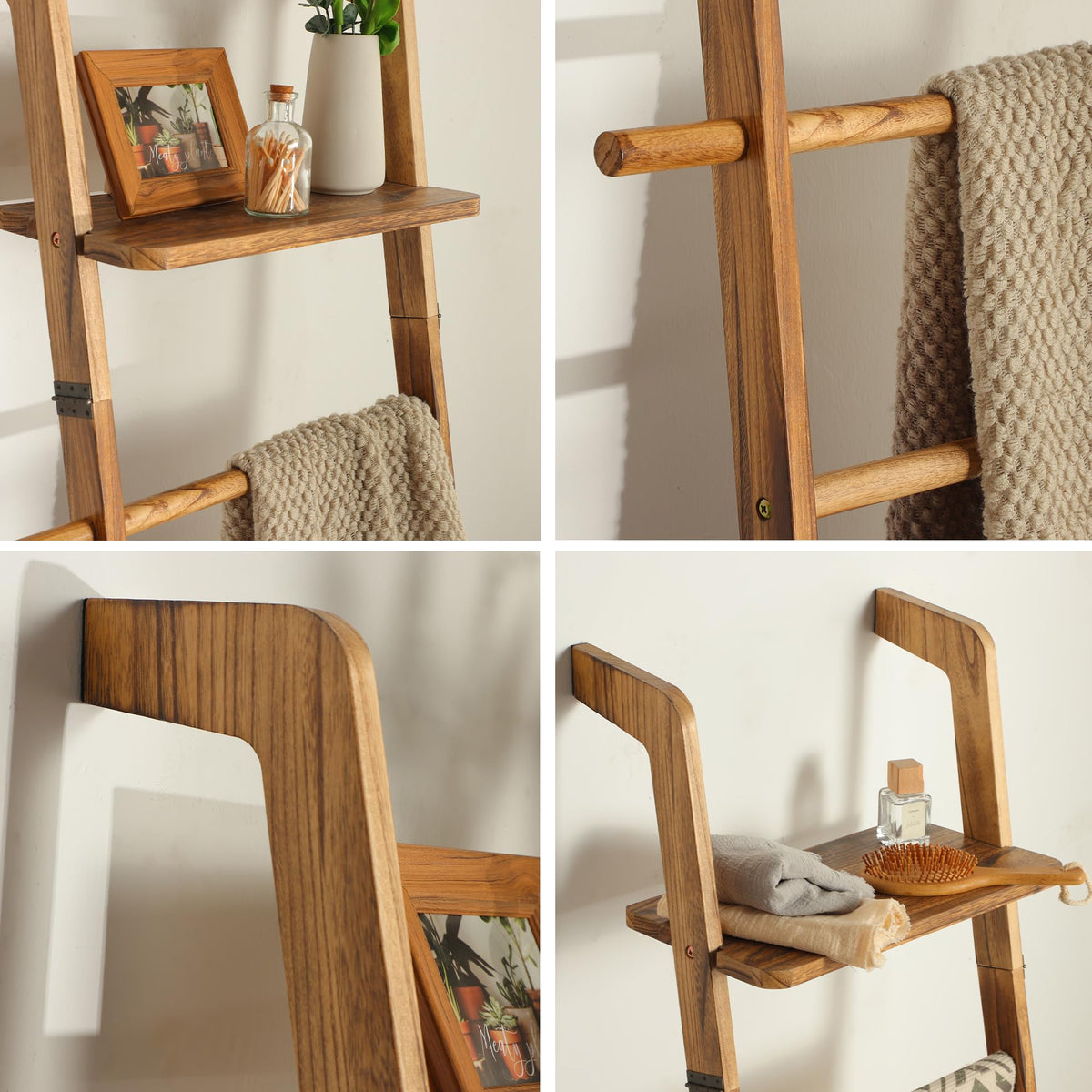 ZUNTO blanket ladder shows five adjustable hooks for hats, towels, and bags