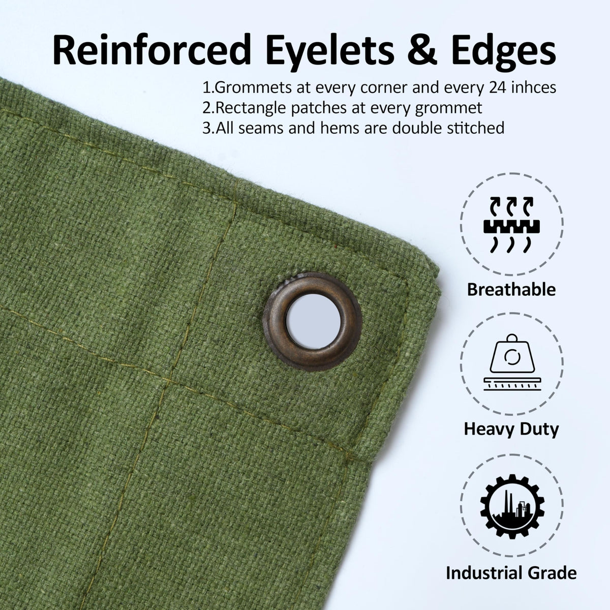 Rustproof brass grommets on Zuperia tarp for secure ties.