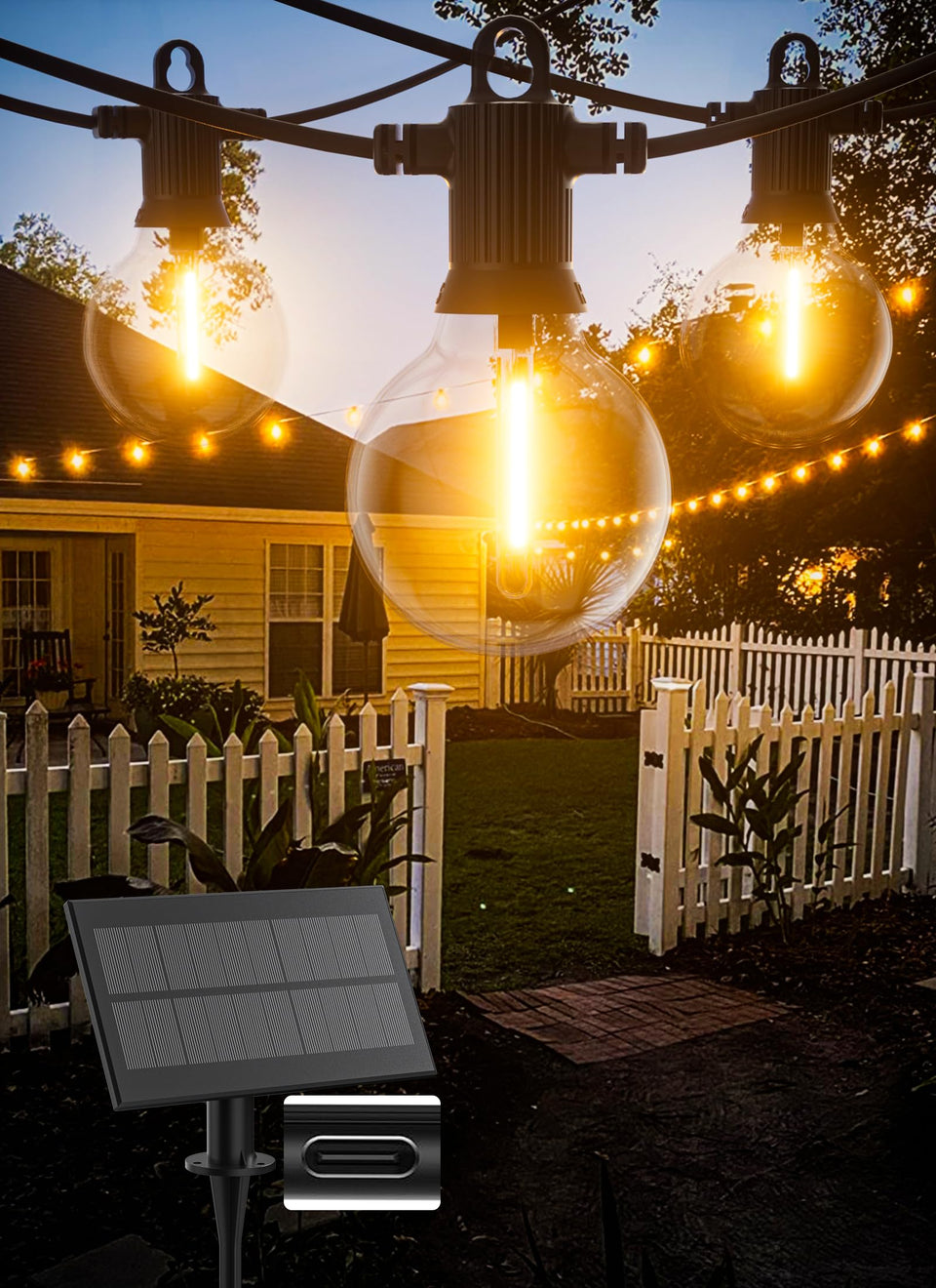 Zuske solar string lights 100ft outdoor frame enhances patio with warm ambiance.