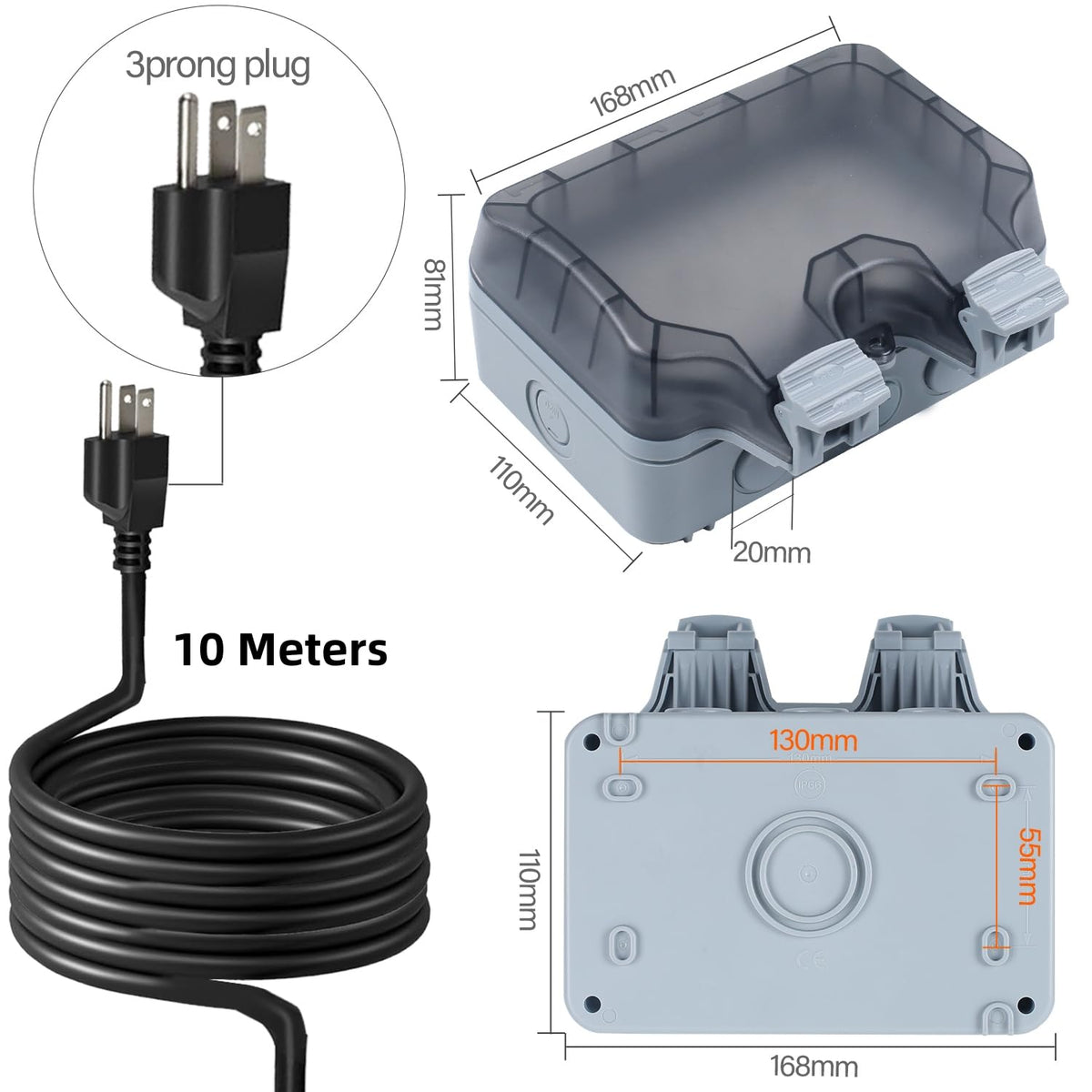 ZUYIYI IP66 outlet with 32.8 ft cord for easy outdoor power.
