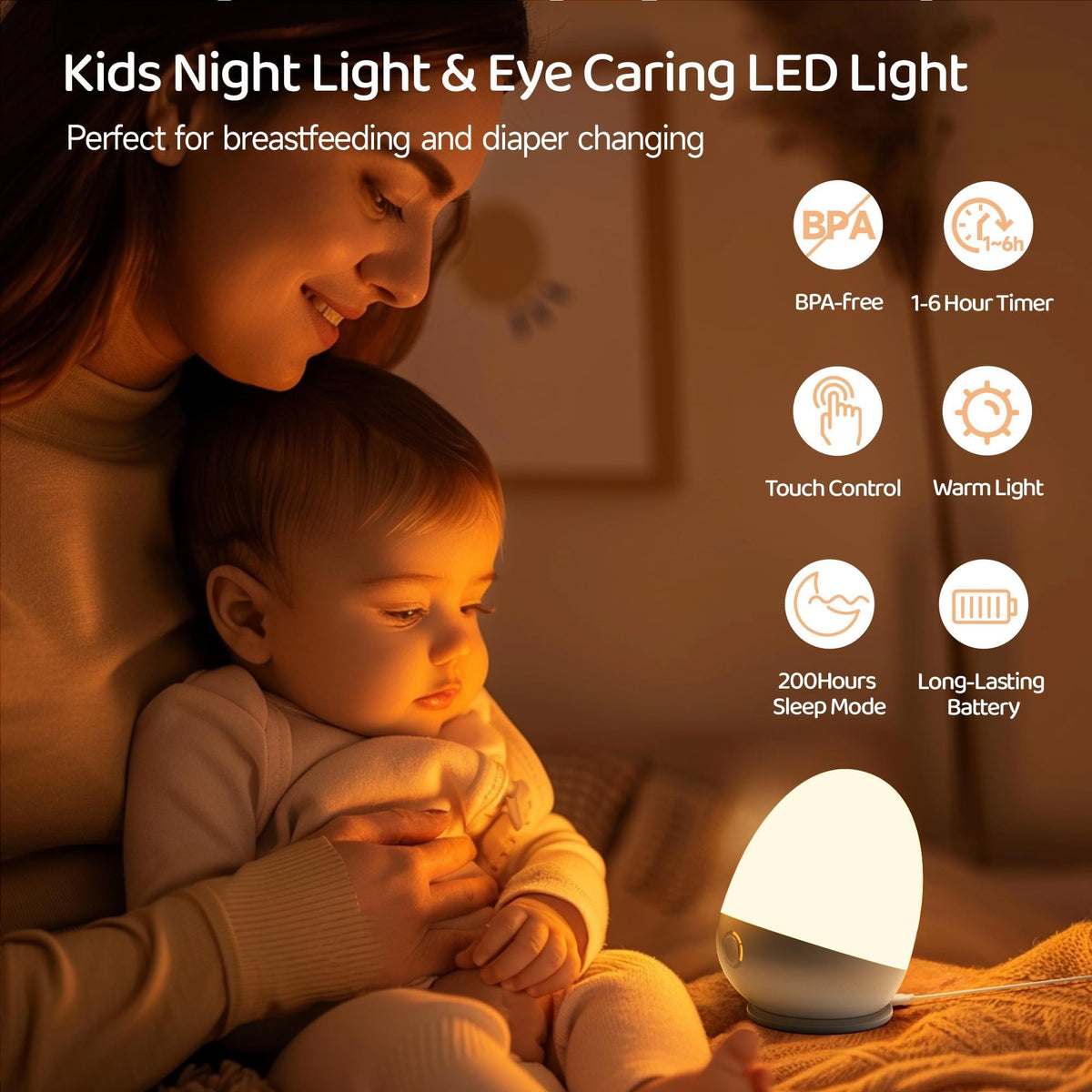 ZUZUKID Touch Egg Night Light dimmed for a gentle nursery glow during late-night care.