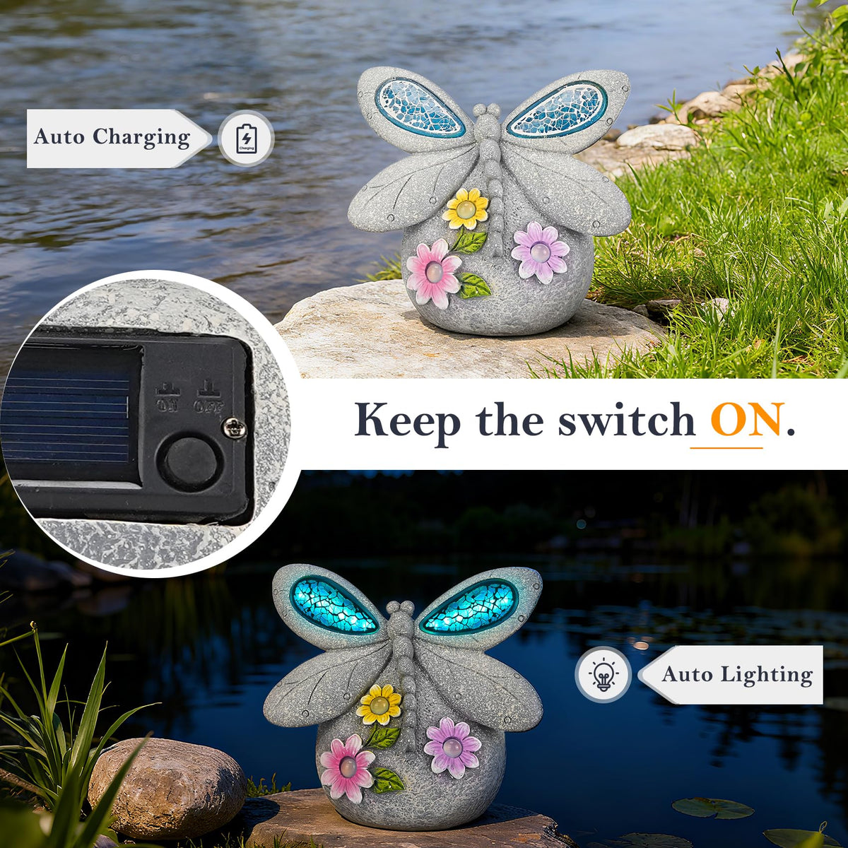 Zuzuzen mosaic glass wing detail creates captivating light patterns after dark.