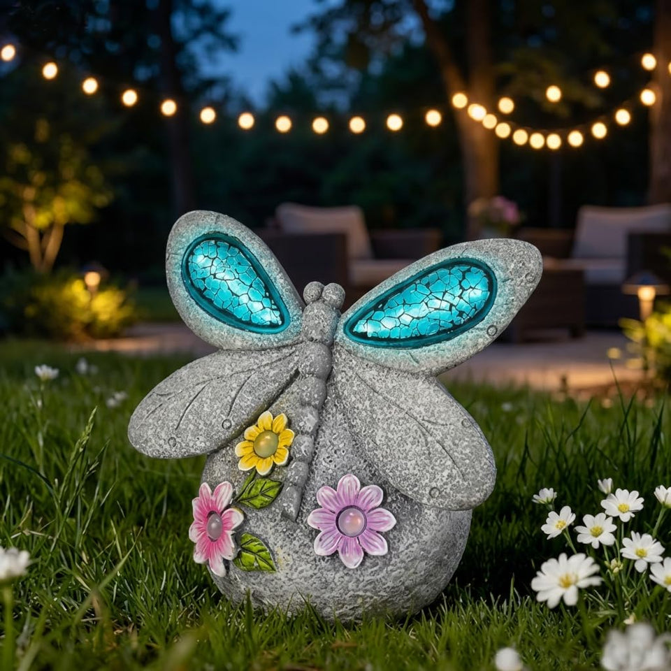Zuzuzen Solar Dragonfly Wings glow at night with cracked glass for magical outdoor ambiance.