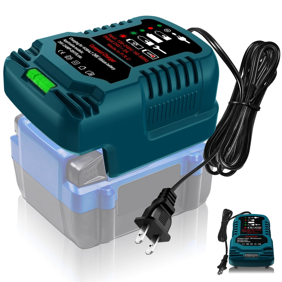 ZWDXRB Kobalt 24V charger, front view, highlights LED status for quick charging.