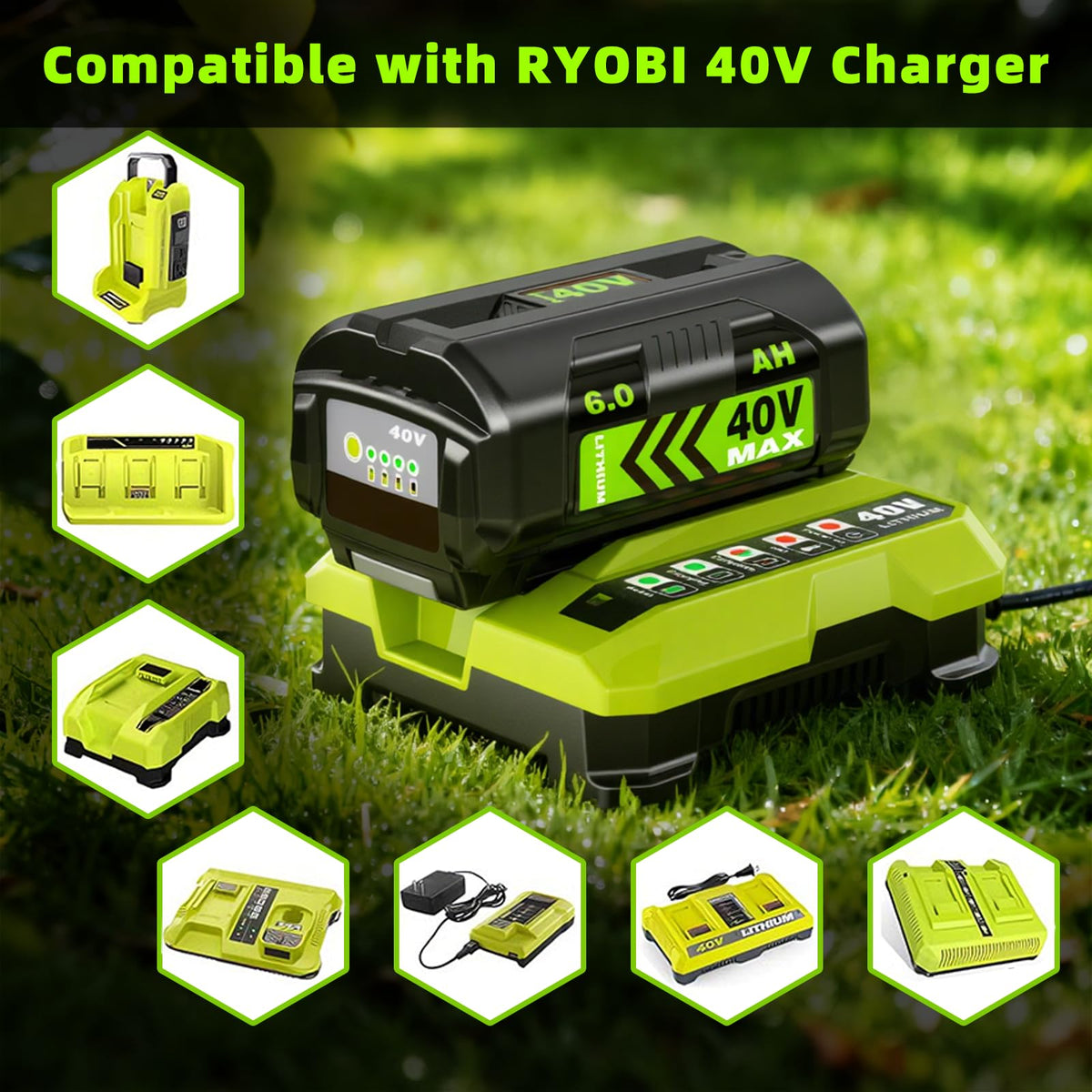 zxfcfo 6.0Ah Ryobi 40V battery uses durable lithium cells for longevity.