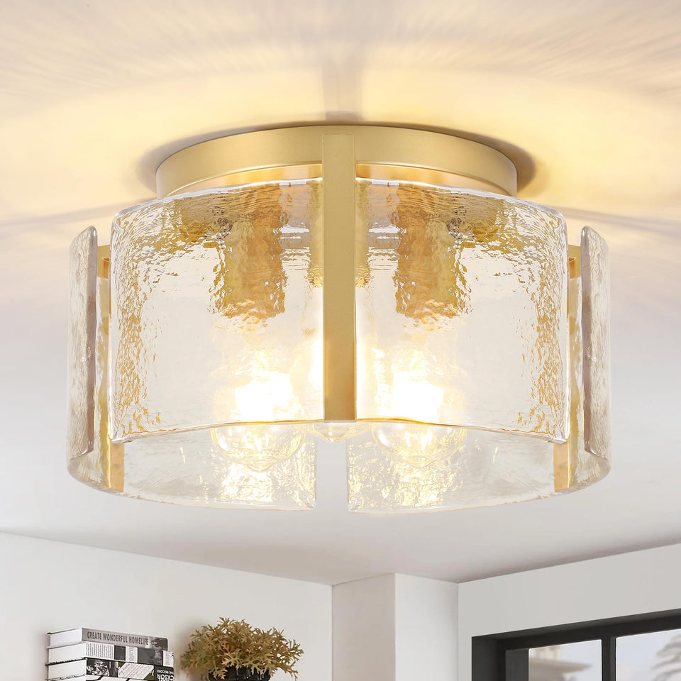 ZXFDWB gold semi-flush mount ceiling light with drum glass shade creating warm hallway ambience