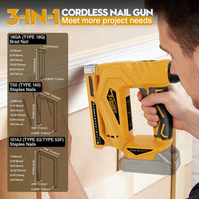 Zybaiiru cordless nail gun with loaded magazine, ready for baseboard installation and quick fixes.