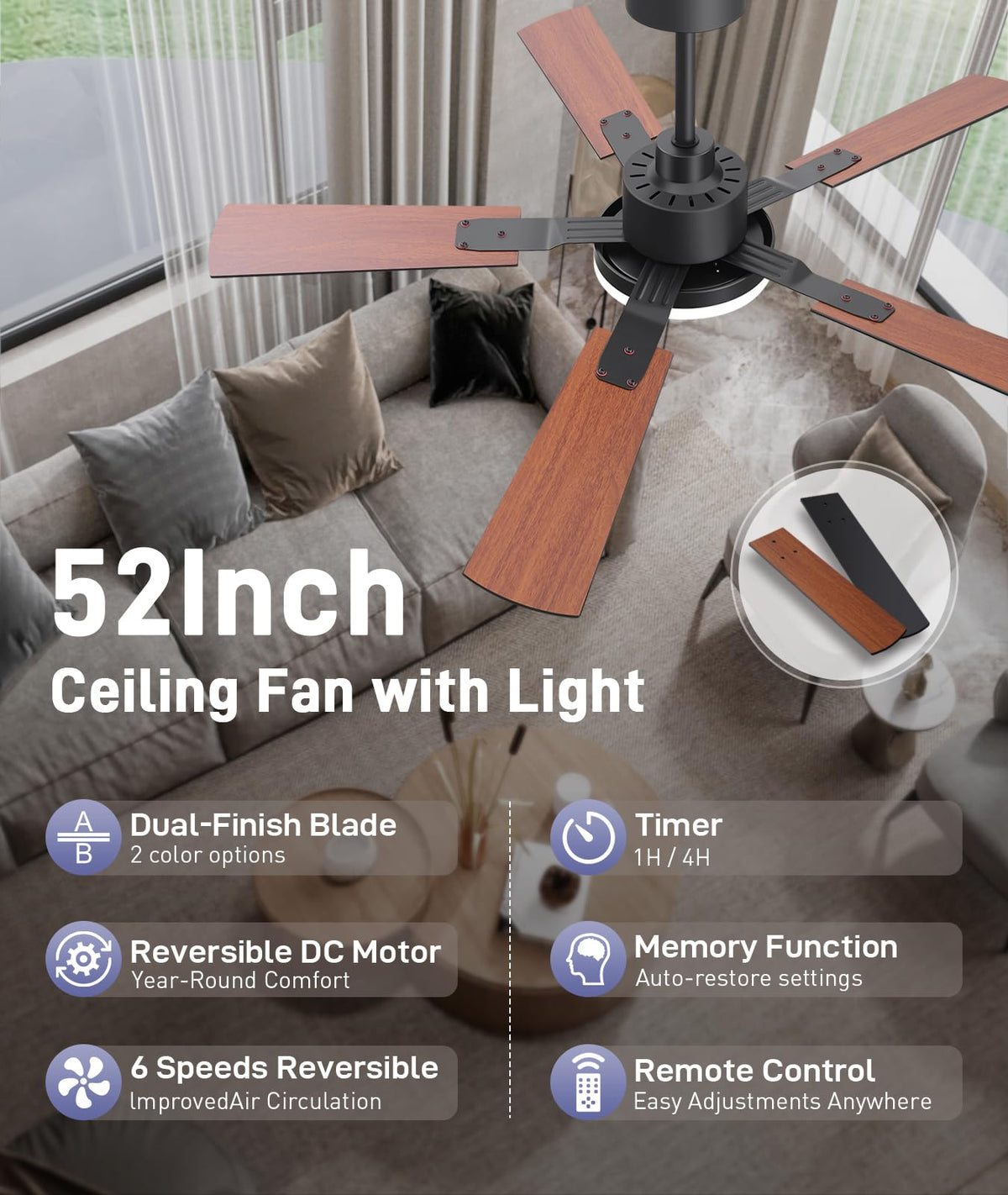 ZYD farmhouse ceiling fan remote control for easy adjustments.