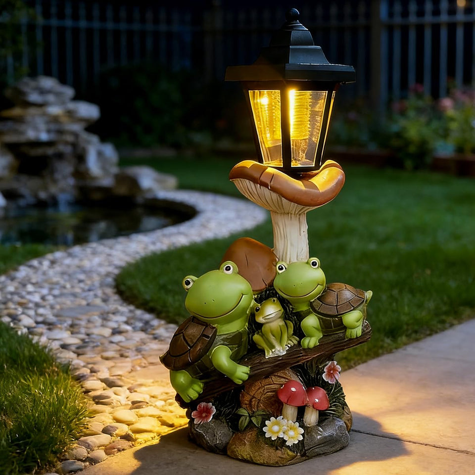 ZYLiWoo outdoor solar turtle statue with LED light adding warm dusk illumination.