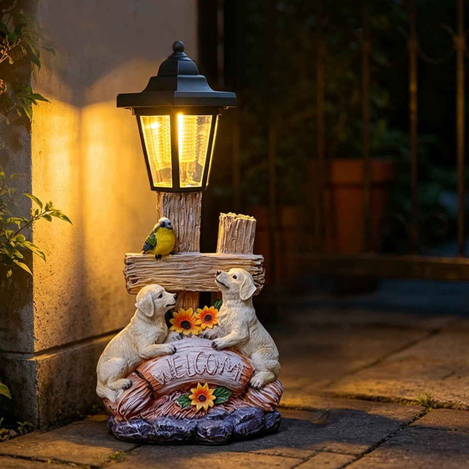 ZYLiWoo outside dog statue with solar lantern glows warmly to welcome guests.