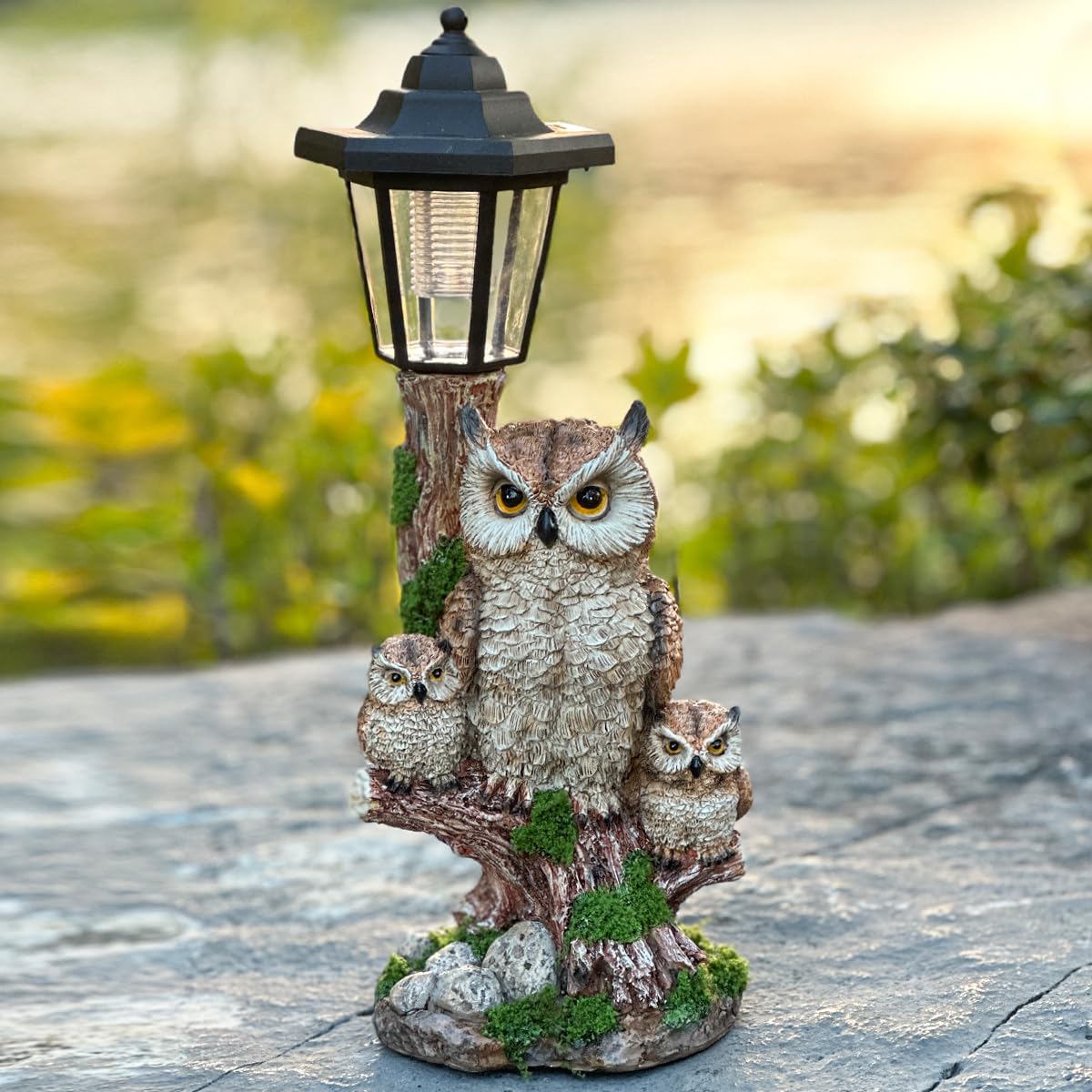 ZYLiWoo owl statue on tree-stump base with moss blends into garden spaces