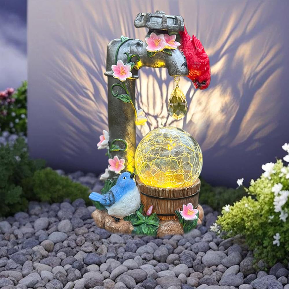 ZYLiWoo solar cardinal statue highlights birds and flowers in garden detail.