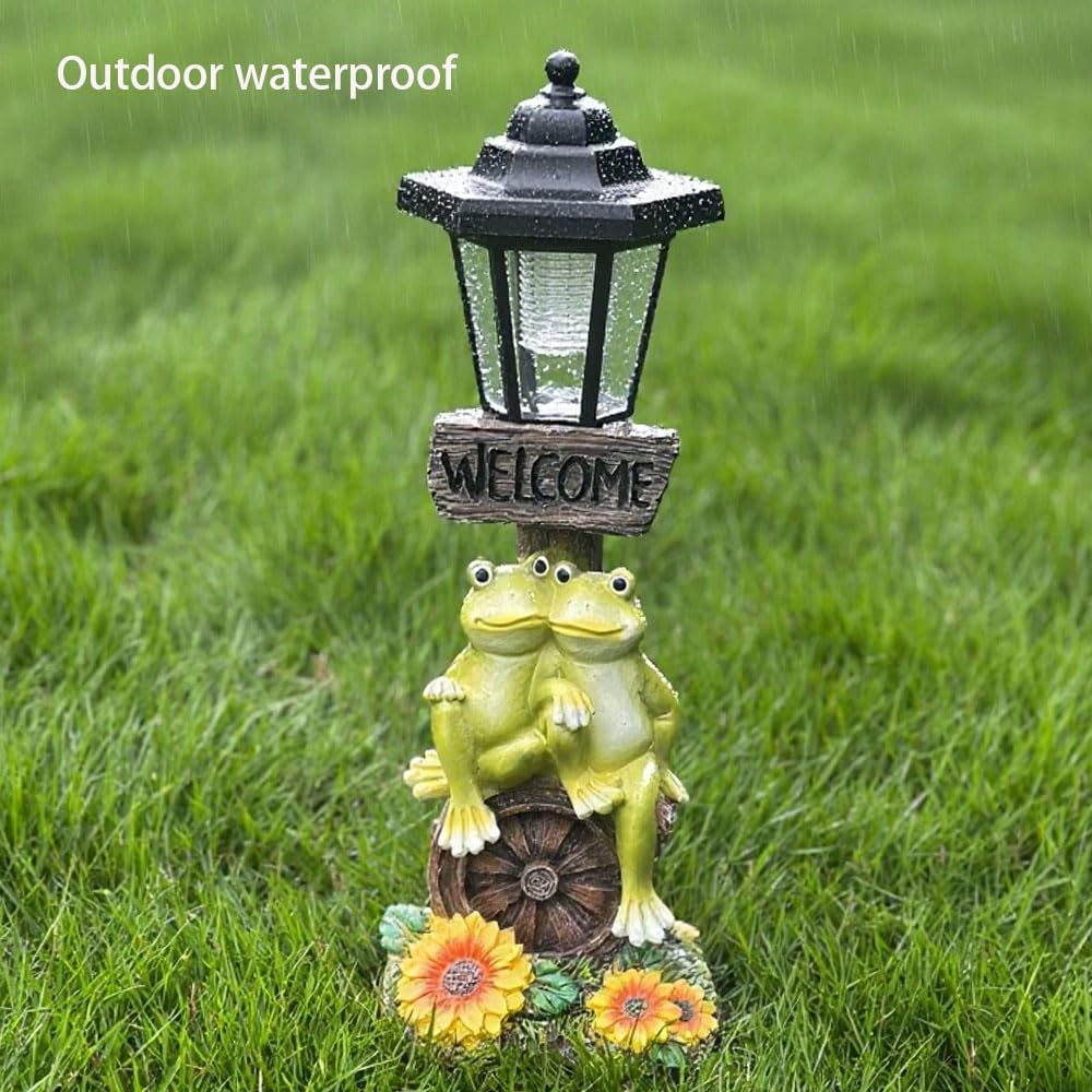 ZYLiWoo frog statue glows softly, creating magical garden atmosphere.