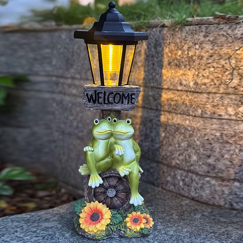 ZYLiWoo Solar Frog Garden Statue glows at dusk for welcoming outdoor ambience.
