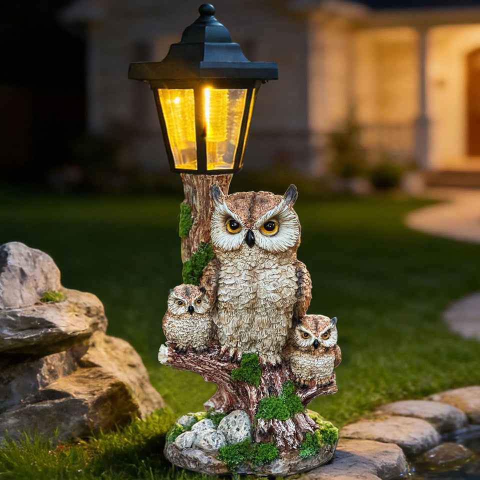 ZYLiWoo solar garden owl statue with adult owl and chicks glows at dusk for garden charm