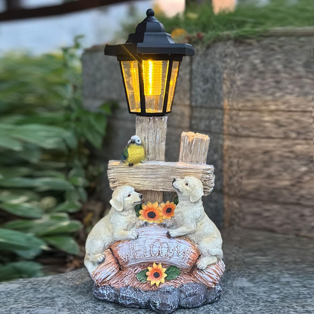 ZYLiWoo welcome sign dog figure provides soft garden light for evenings.