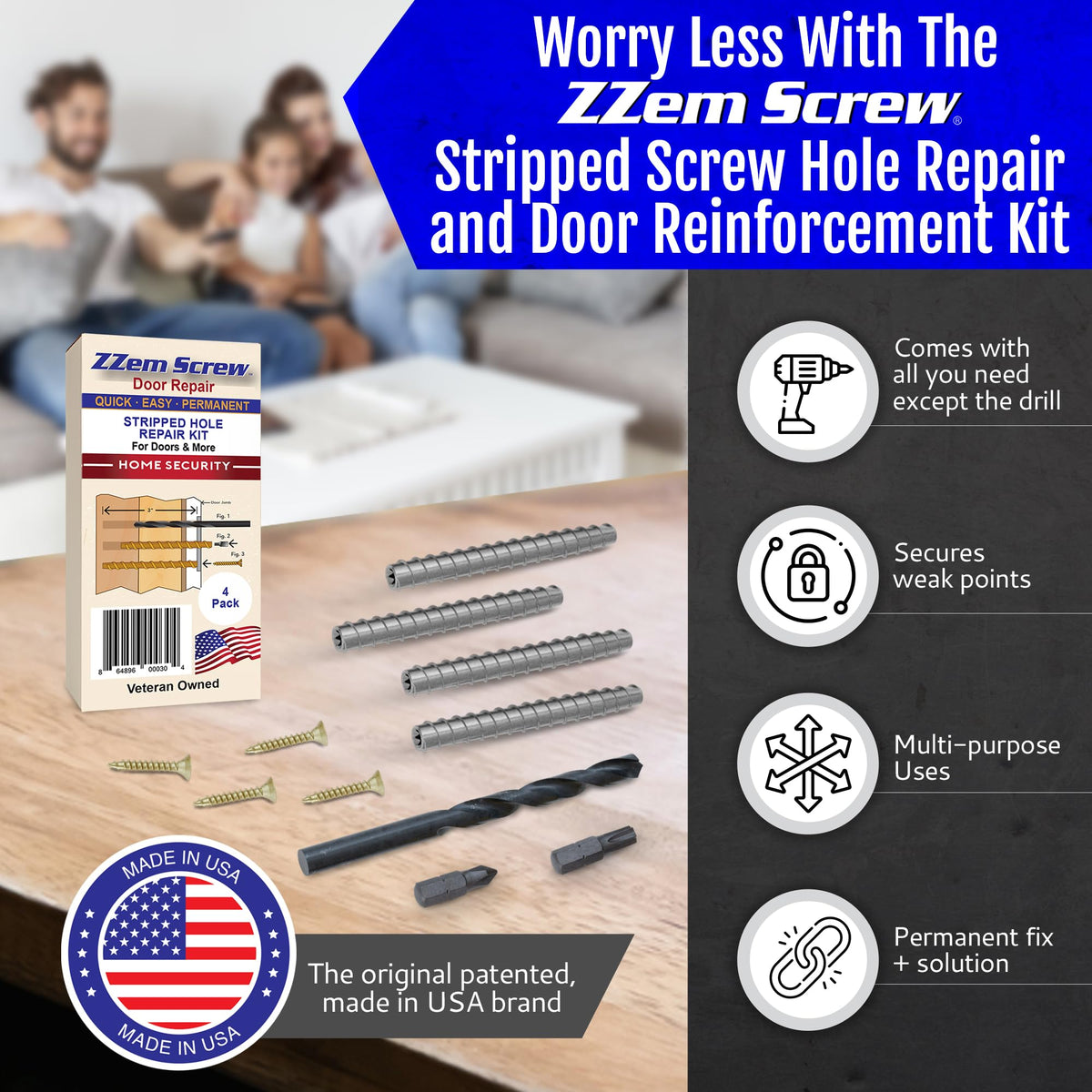 ZZEM SCREW 4-PK brass hinge screws for #9 fittings provide strong wood-backed support.