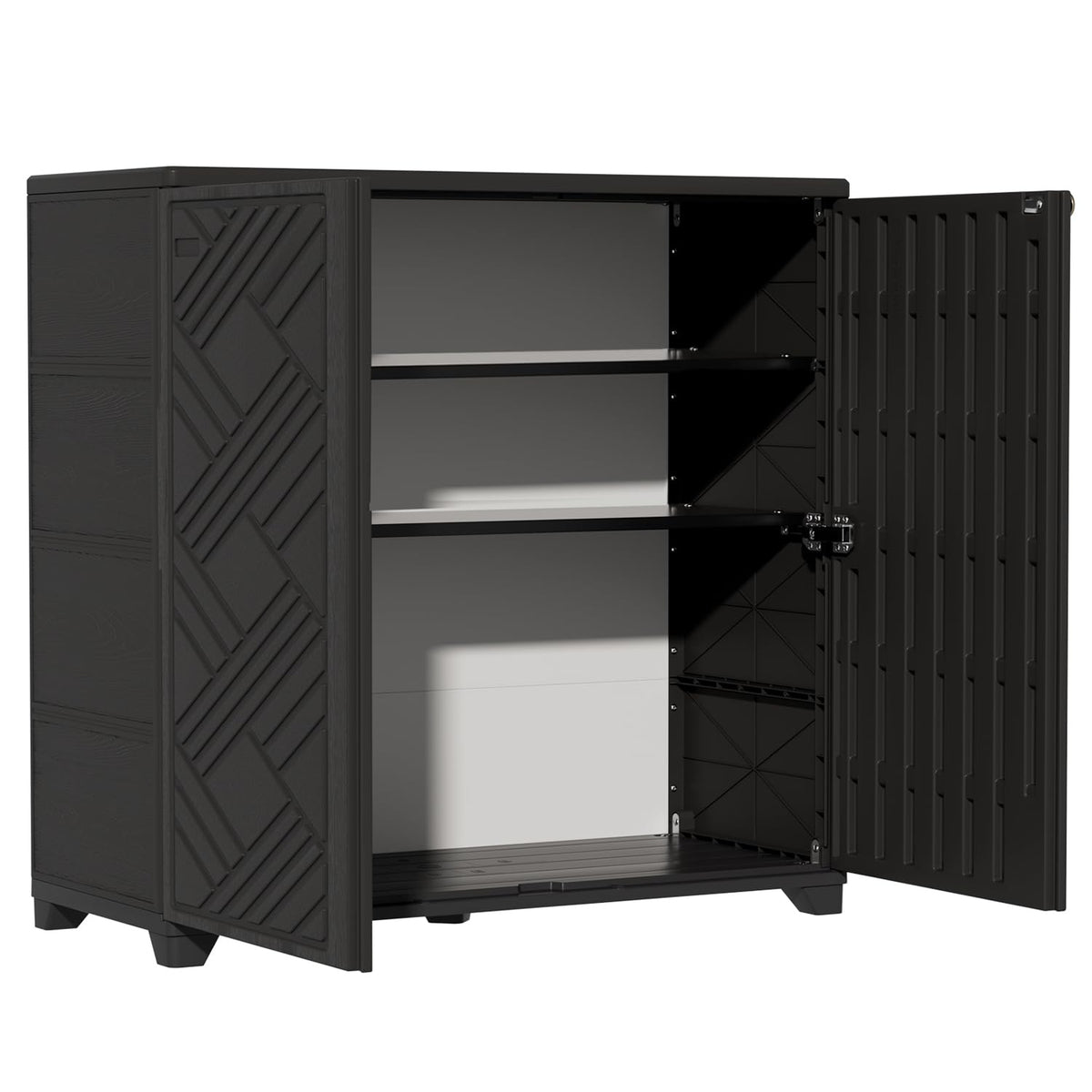 ZZM storage cabinet front view shows sleek diamond pattern for organized outdoor spaces.