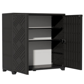 ZZM storage cabinet front view shows sleek diamond pattern for organized outdoor spaces.