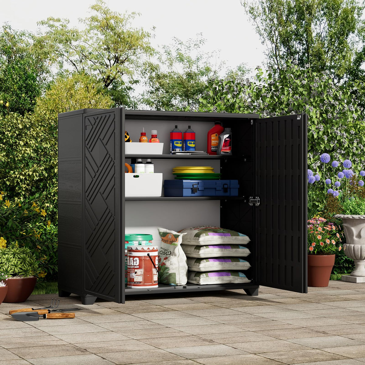 ZZM storage cabinet open door demonstrates easy access to stored towels or tools.